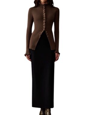 Commense Brown Mock Neck Lettuce Trim Split Cardigan | Medium
